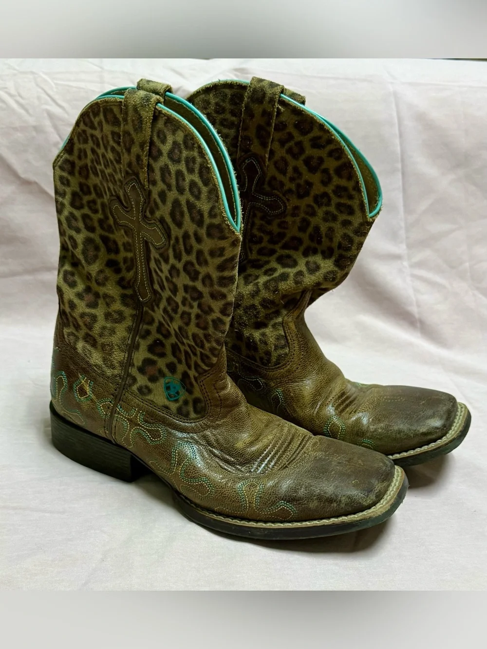 Ariat Brown Leopard-Print Western Boots with Turquoise Trim